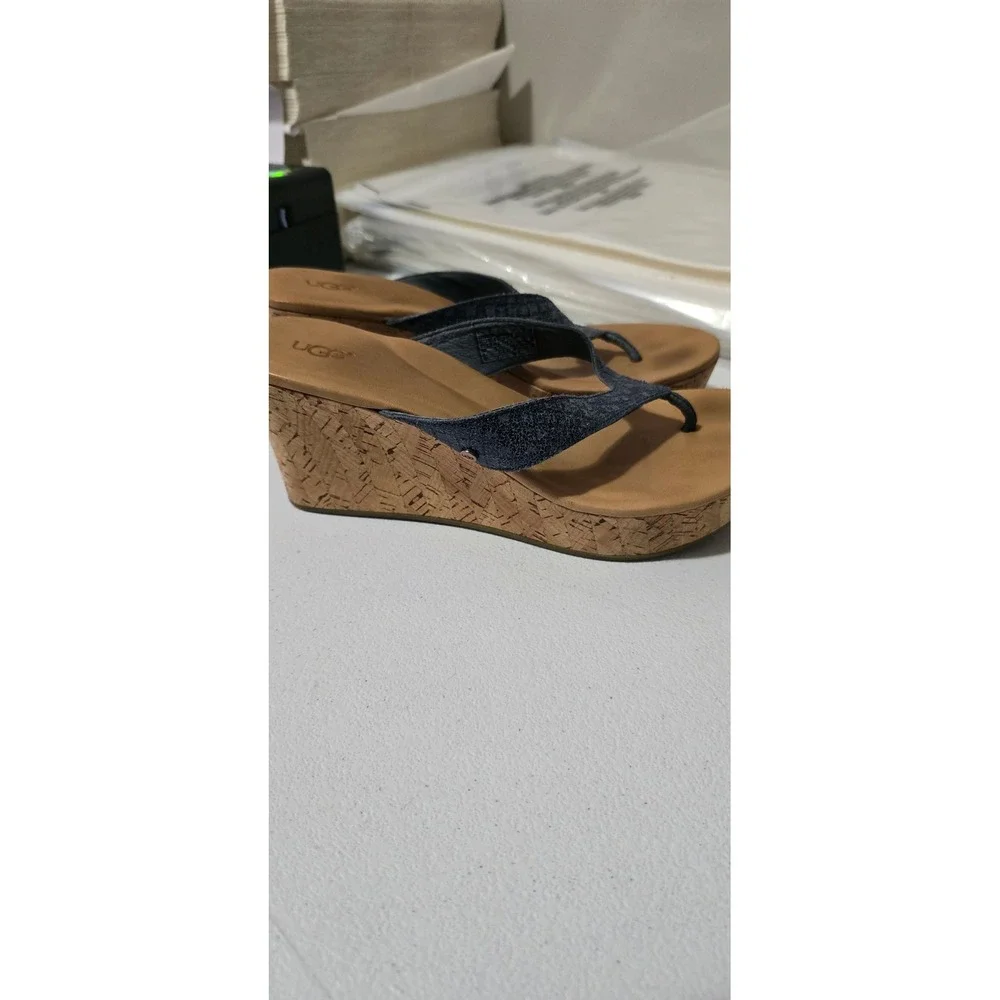UGG Lucianna Navy Blue Snakeskin Embossed Cork Wedge Sandals 1011000 Mens 8.5